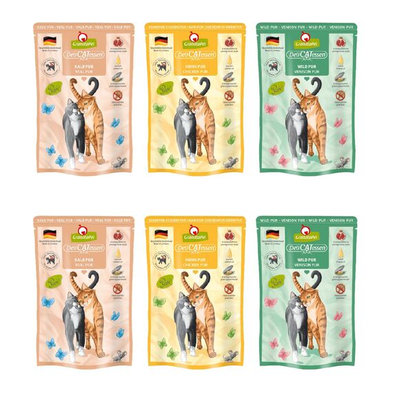 GranataPet Delicatessen Multipack 2 PUR, Nassfutter für Katzen im Probierpaket, Alleinfuttermittel ohne Getreide, Katzenfutter mit hohem Fleischanteil & hochwertigen Ölen, 6 x 85 g