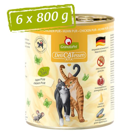 GranataPet DeliCatessen Huhn PUR, Nassfutter für Katzen, Futter ohne Getreide & ohne Zuckerzusätze, Katzenfutter mit hohem Fleischanteil & hochwertigen Ölen, 6 x 800 g