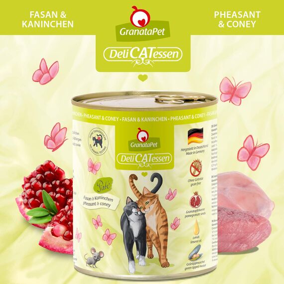 GranataPet DeliCatessen Fasan & Kaninchen, Nassfutter für Katzen, Katzenfutter für Feinschmecker, Futter ohne Getreide & ohne Zuckerzusätze, 6 x 800 g
