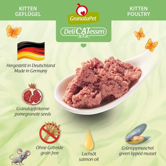 GranataPet DeliCatessen Kitten / Junior Geflügel, Nassfutter für Katzen, Katzenfutter für Feinschmecker, Futter ohne Getreide & ohne Zuckerzusätze, 6 x 85 g