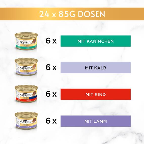Gourmet Gold Feine Pastete, Katzenfutter nass, mitKaninchen, Rind, Kalb, Lamm, 12er Pack (12 x 4à 85g)