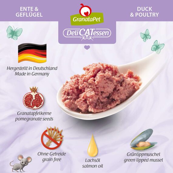 GranataPet DeliCatessen Ente & Geflügel, Nassfutter für Katzen, Katzenfutter für Feinschmecker, Futter ohne Getreide & ohne Zuckerzusätze, 6 x 400 g