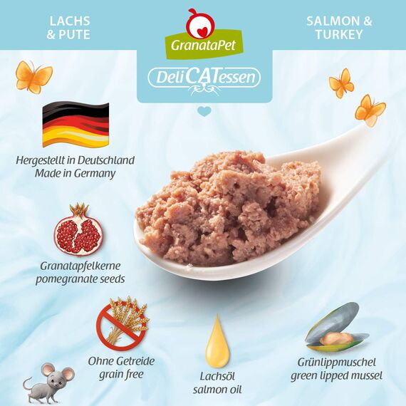 GranataPet DeliCatessen Lachs & Pute, Nassfutter für Katzen, Katzenfutter für Feinschmecker, Futter ohne Getreide & ohne Zuckerzusätze, 6 x 200 g