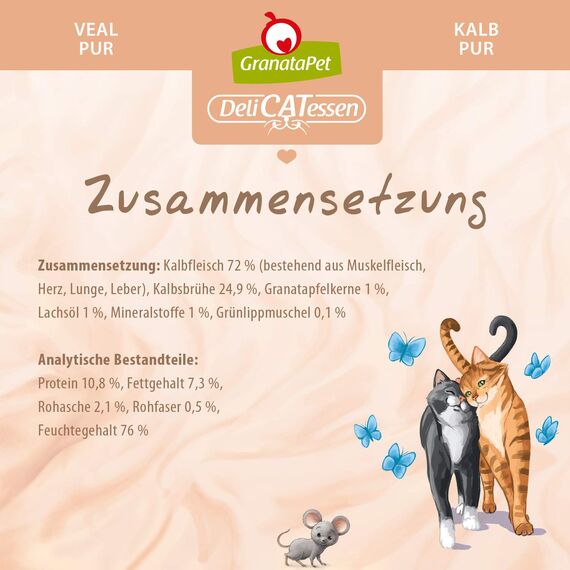 GranataPet DeliCatessen Kalb PUR, Nassfutter für Katzen, Futter ohne Getreide & ohne Zuckerzusätze, Katzenfutter mit hohem Fleischanteil & hochwertigen Ölen, 6 x 800 g