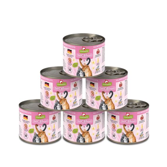 GranataPet DeliCatessen Lachs & Meeresfrüchte, Nassfutter für Katzen, Katzenfutter für Feinschmecker, Futter ohne Getreide & ohne Zuckerzusätze, 6 x 200 g