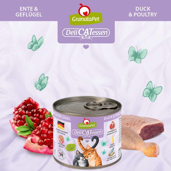 GranataPet Delicatessen Ente & Geflügel, 6 x 200 g, Nassfutter für Katzen, Katzenfutter für Feinschmecker, Futter ohne Getreide & ohne Zuckerzusätze