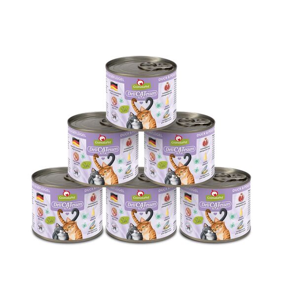 GranataPet Delicatessen Ente & Geflügel, 6 x 200 g, Nassfutter für Katzen, Katzenfutter für Feinschmecker, Futter ohne Getreide & ohne Zuckerzusätze