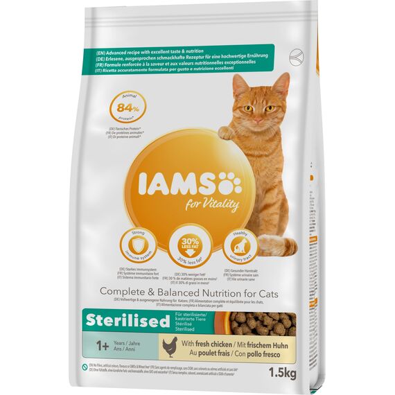 IAMS Sterilised Katzenfutter trocken mit Huhn - Trockenfutter für sterilisierte / kastrierte Katzen ab 1 Jahr, 1,5 kg