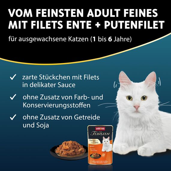 animonda Vom Feinsten Adult Katzenfutter, Nassfutter für ausgewachsene Katzen, Feines mit Filets, mit Ente + Putenfilet, 18 x 85 g