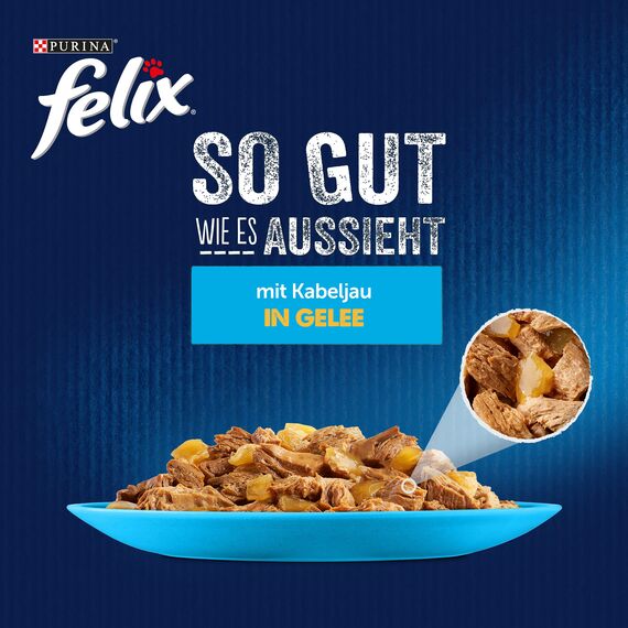 Felix So gut wie es aussieht Katzenfutter nass in Gelee, mit Kabeljau, 26er Pack (26 x 85g)