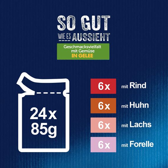 Felix So gut wie es aussieht Katzenfutter nass Geschmacksvielfalt mit Gemüse in Gelee, Sorten-Mix, 4er Pack (4 x 24 Beutel à 85g)
