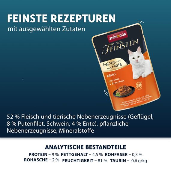 animonda Vom Feinsten Adult Katzenfutter, Nassfutter für ausgewachsene Katzen, Feines mit Filets, mit Ente + Putenfilet, 18 x 85 g