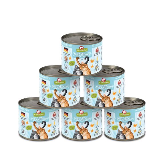 GranataPet DeliCatessen Lachs & Pute, Nassfutter für Katzen, Katzenfutter für Feinschmecker, Futter ohne Getreide & ohne Zuckerzusätze, 6 x 200 g