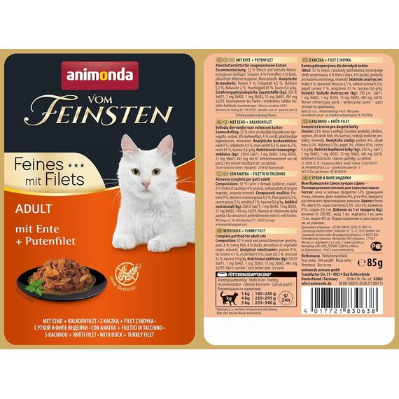 animonda Vom Feinsten Adult Katzenfutter, Nassfutter für ausgewachsene Katzen, Feines mit Filets, mit Ente + Putenfilet, 18 x 85 g