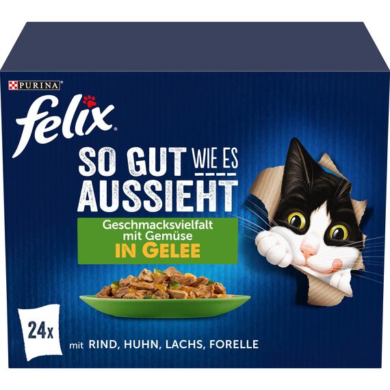 Felix So gut wie es aussieht Katzenfutter nass Geschmacksvielfalt mit Gemüse in Gelee, Sorten-Mix, 4er Pack (4 x 24 Beutel à 85g)