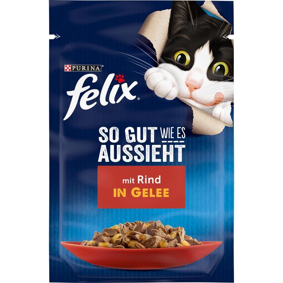 Felix So gut wie es aussieht Katzenfutter nass in Gelee, mit Rind, 26er Pack (26 x 85g)