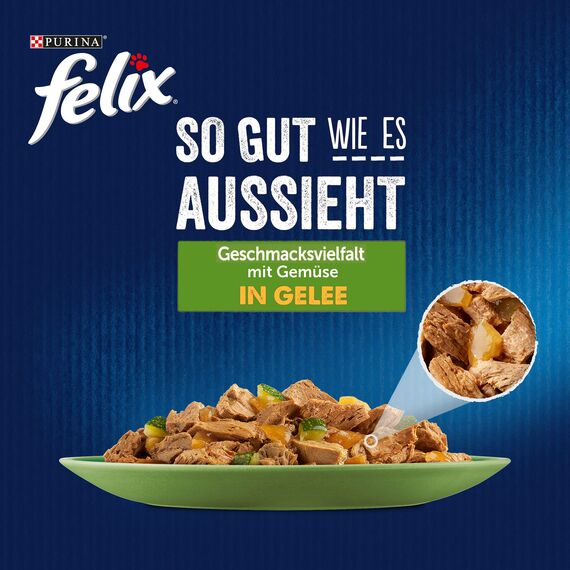Felix So gut wie es aussieht Katzenfutter nass Geschmacksvielfalt mit Gemüse in Gelee, Sorten-Mix, 4er Pack (4 x 24 Beutel à 85g)