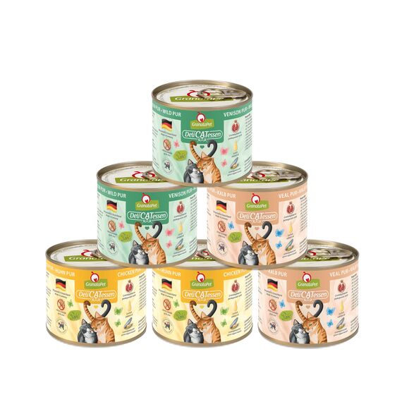 GranataPet Delicatessen Multipack 2 PUR, Nassfutter für Katzen im Probierpaket, Alleinfuttermittel ohne Getreide, Katzenfutter mit hohem Fleischanteil & hochwertigen Ölen, 6 x 200 g