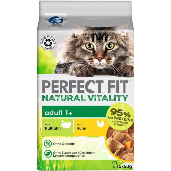 PERFECT FIT Adult 1+ Premium Katzenfutter nass - 36x50g Portionsbeutel - mit Huhn und Truthahn - Nassfutter für Katzen - ohne Getreide