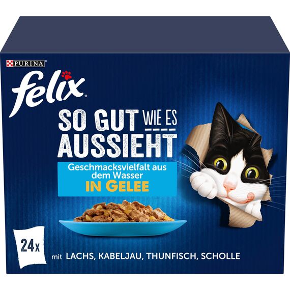 Felix So gut wie es aussieht Katzenfutter nass Geschmacksvielfalt aus dem Wasser in Gelee, Fisch Sorten-Mix, 4er Pack (4 x 24 Beutel à 85g)