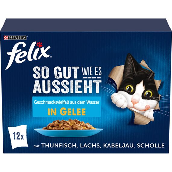 Felix So gut wie es aussieht Katzenfutter nass in Gelee, Fisch Sorten-Mix, 6er Pack (6 x 12 Beutel à 85g)