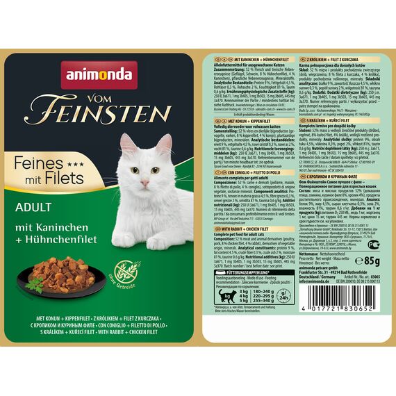 animonda vom Feinsten mit Filets, Katzenfutter nass mit Kaninchen + Hühnchenfilet, 18 Portionsbeutel (18 x 85g), getreidefreies Katzen Nassfutter ohne Zucker, mit fleischigen Zutaten