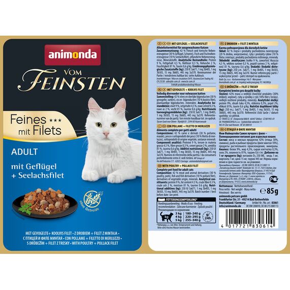 animonda vom Feinsten Feines mit Filets adult Katzenfutter, Nassfutter für ausgewachsene Katzen, mit Geflügel + Seelachsfilet, 18 x 85 g