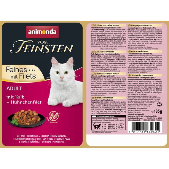 animonda vom Feinsten mit Filets, Katzenfutter nass mit Kalb + Hühnchenfilet, 18 Portionsbeutel (18 x 85g), getreidefreies Katzen Nassfutter ohne Zucker, mit fleischigen Zutaten