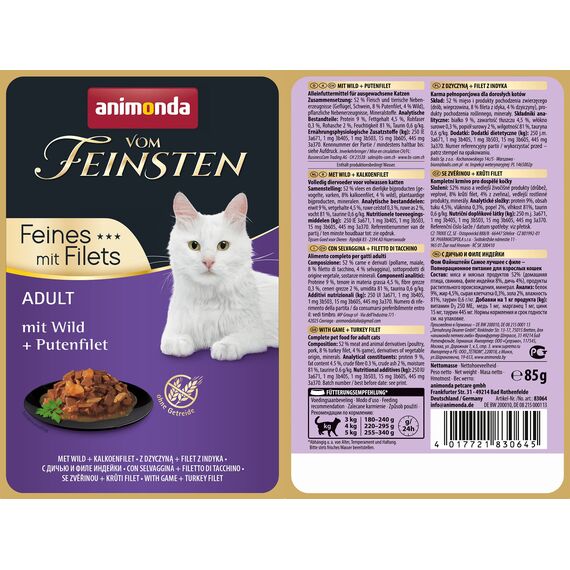 animonda Vom Feinsten Adult Katzenfutter, Nassfutter für ausgewachsene Katzen, Feines mit Filets, mit Wild + Putenfilet, 18 x 85 g
