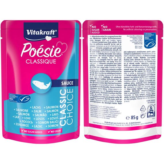 Vitakraft Poésie Classique, Nassfutter für Katzen, im Multipack, mit Huhn, Truthahn und Rind, mit Lachs mit MSC-Siegel, ohne Zusatz von Zucker und Getreide, Vorratsgröße (1 Paket mit 12x 85g)