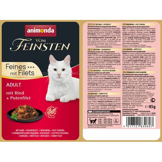 animonda vom Feinsten mit Filets, Katzenfutter nass mit Rind + Putenfilet, 18 Portionsbeutel (18 x 85g), getreidefreies Katzen Nassfutter ohne Zucker, mit fleischigen Zutaten