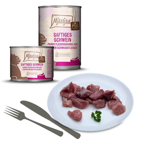 MjAMjAM - Premium Nassfutter für Katzen - Purer Fleischgenuss saftiges Schwein pur, 6er Pack (6 x 400 g), getreidefrei mit extra viel Fleisch