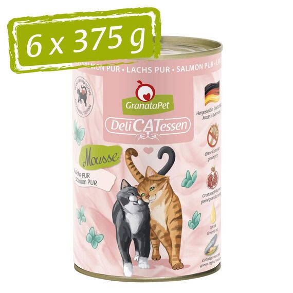 GranataPet DeliCatessen Lachs PUR, Nassfutter für Katzen, Futter ohne Getreide & ohne Zuckerzusätze, Katzenfutter mit hohem Fleischanteil & hochwertigen Ölen, 6 x 375 g
