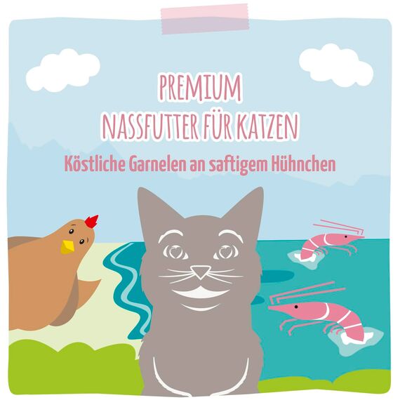 MjAMjAM - Premium Nassfutter für Katzen - köstliche Garnelen an saftigem Hühnchen, 6er Pack (6 x 400 g), getreidefrei mit extra viel Fleisch