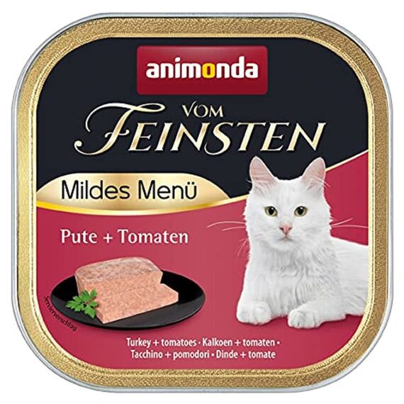 animonda vom Feinsten Mildes Menü Pute + Tomaten (32 x 100g), getreidefreies Katzenfutter nass ohne Zucker, leicht verdauliches Katzenfutter mit Putenfleisch