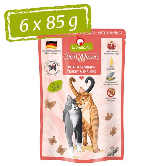 GranataPet DeliCatessen Pute & Shrimps, Nassfutter für Katzen, Katzenfutter für Feinschmecker, Futter ohne Getreide & ohne Zuckerzusätze, 6 x 85 g