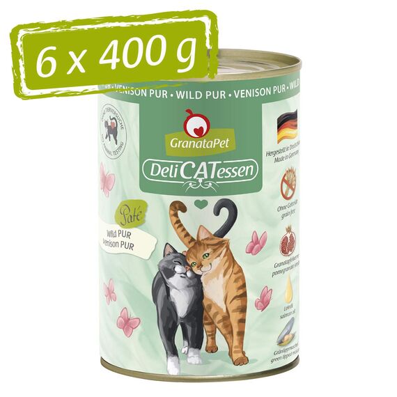 GranataPet DeliCatessen Wild PUR, Nassfutter für Katzen, Futter ohne Getreide & ohne Zuckerzusätze, Katzenfutter mit hohem Fleischanteil & hochwertigen Ölen, 6 x 400 g