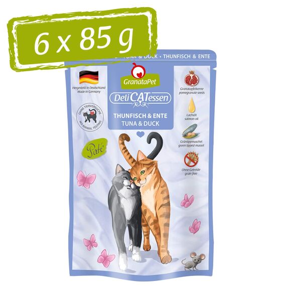 GranataPet DeliCatessen Thunfisch & Ente, Nassfutter für Katzen, Katzenfutter für Feinschmecker, Futter ohne Getreide & ohne Zuckerzusätze, 6 x 85 g