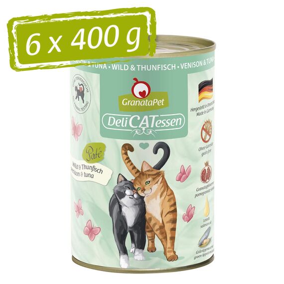 GranataPet DeliCatessen Wild & Thunfisch, Nassfutter für Katzen, Katzenfutter für Feinschmecker, Futter ohne Getreide & ohne Zuckerzusätze, 6 x 400 g
