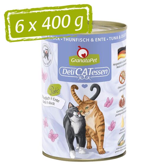 GranataPet DeliCatessen Thunfisch & Ente, Nassfutter für Katzen, Katzenfutter für Feinschmecker, Futter ohne Getreide & ohne Zuckerzusätze, 6 x 400 g
