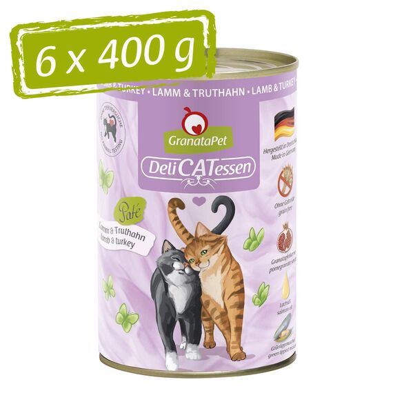 GranataPet DeliCatessen Lamm & Truthahn, Nassfutter für Katzen, Katzenfutter für Feinschmecker, Futter ohne Getreide & ohne Zuckerzusätze, 6 x 400 g