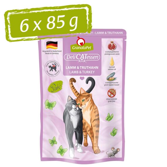 GranataPet DeliCatessen Lamm & Truthahn, Nassfutter für Katzen, Katzenfutter für Feinschmecker, Futter ohne Getreide & ohne Zuckerzusätze, 6 x 85 g