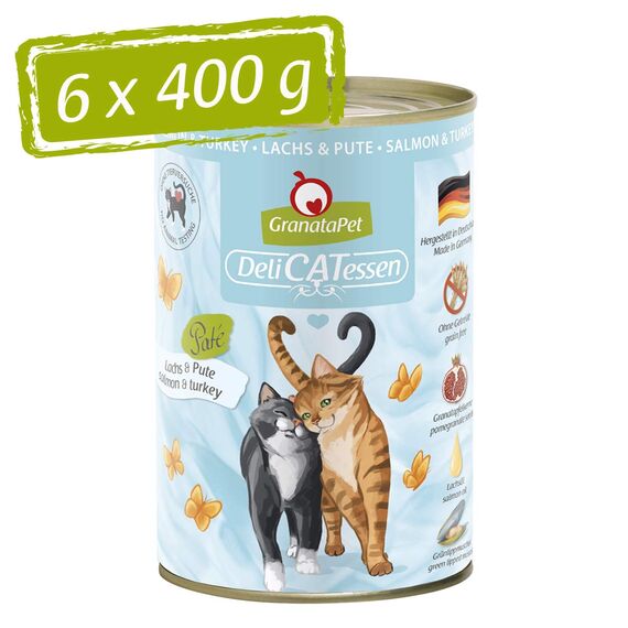 GranataPet DeliCatessen Lachs & Pute, Nassfutter für Katzen, Katzenfutter für Feinschmecker, Futter ohne Getreide & ohne Zuckerzusätze, 6 x 400 g