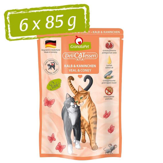GranataPet DeliCatessen Kalb & Kaninchen, Nassfutter für Katzen, Katzenfutter für Feinschmecker, Futter ohne Getreide & ohne Zuckerzusätze, 6 x 85 g