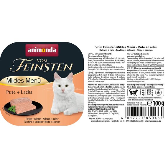 animonda vom Feinsten Mildes Menü Pute + Lachs (32 x 100g), getreidefreies Katzenfutter nass ohne Zucker, leicht verdauliches Katzenfutter mit Putenfleisch