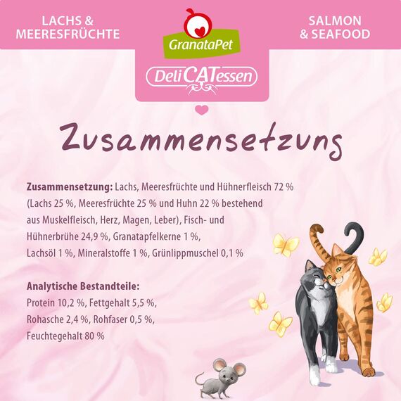 GranataPet DeliCatessen Lachs & Meeresfrüchte, Nassfutter für Katzen, Katzenfutter für Feinschmecker, Futter ohne Getreide & ohne Zuckerzusätze, 6 x 400 g