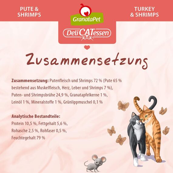 GranataPet DeliCatessen Pute & Shrimps, Nassfutter für Katzen, Katzenfutter für Feinschmecker, Futter ohne Getreide & ohne Zuckerzusätze, 6 x 85 g