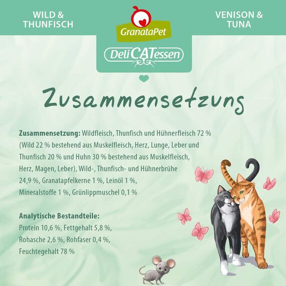 GranataPet DeliCatessen Wild & Thunfisch, Nassfutter für Katzen, Katzenfutter für Feinschmecker, Futter ohne Getreide & ohne Zuckerzusätze, 6 x 400 g