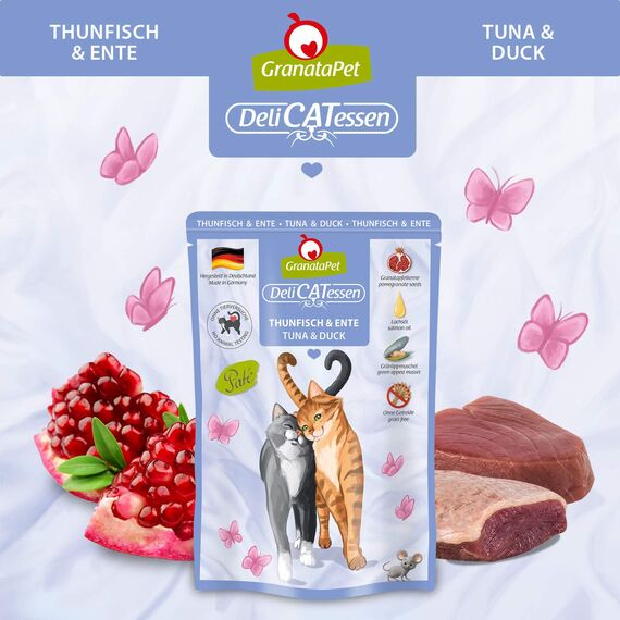 GranataPet DeliCatessen Thunfisch & Ente, Nassfutter für Katzen, Katzenfutter für Feinschmecker, Futter ohne Getreide & ohne Zuckerzusätze, 6 x 85 g
