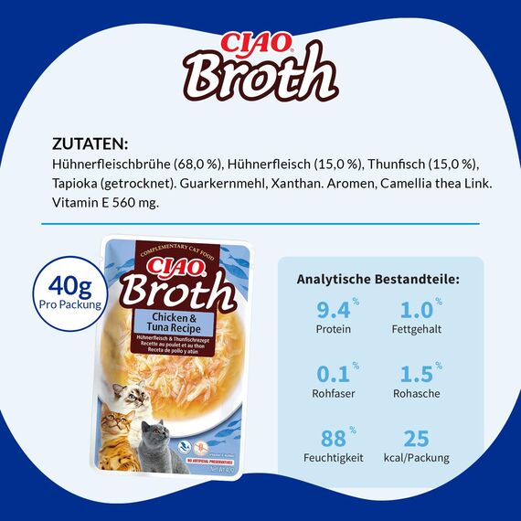 INABA Ciao Broth Nassfutter für Katzen Ohne Getreide und Zucker, mit 15% Hühnerfleisch und 15% Thunfisch, Keine Nebenerzeugnisse, Katzensuppe, Kleine Mahlzeit mit Hochwertigen Zutaten 40 g (12er Pack)